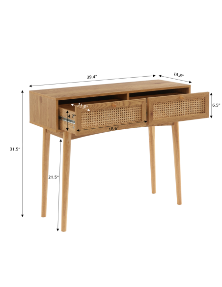 INES oak effect and rattan cane console with 2 drawers
