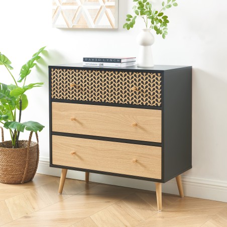 CAPUCINE black and oak effect 3-drawer chest 30.71 inches