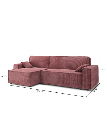 MARIUS corner convertible sofa old rose ribbed velvet