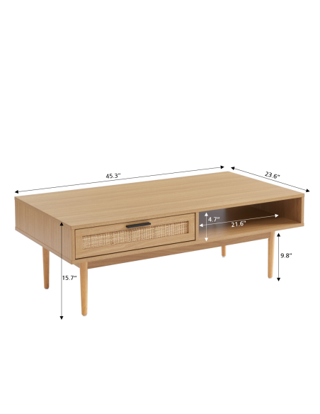 AMANA coffee table with oak effect and rattan canework 45.27 inches