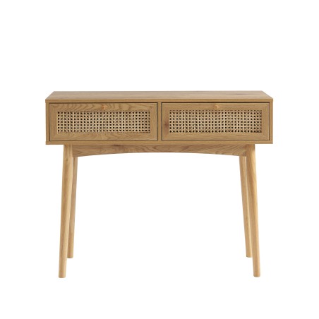INES oak effect and rattan cane console with 2 drawers