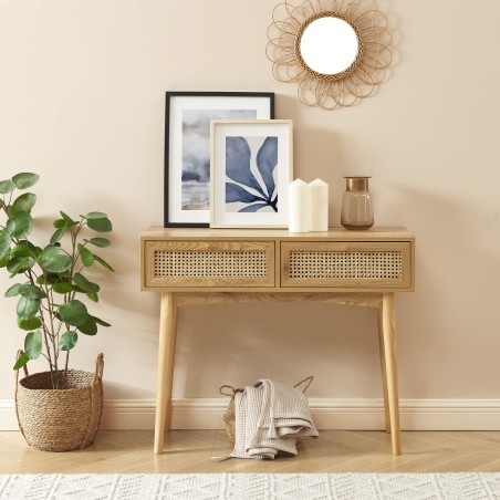 INES oak effect and rattan cane console with 2 drawers