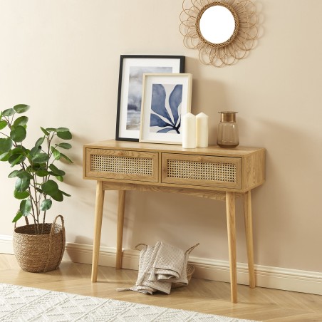 INES oak effect and rattan cane console with 2 drawers
