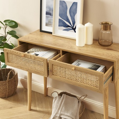 INES oak effect and rattan cane console with 2 drawers