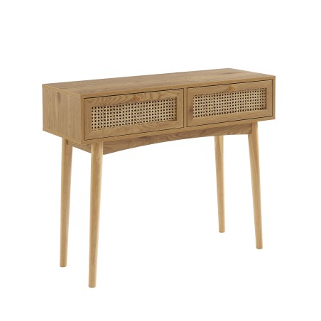 INES oak effect and rattan cane console with 2 drawers