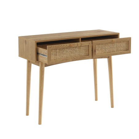 INES oak effect and rattan cane console with 2 drawers
