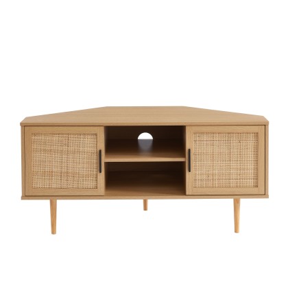 AMANA oak effect and rattan cane 2-door corner TV stand