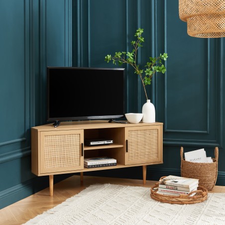 AMANA oak effect and rattan cane 2-door corner TV stand
