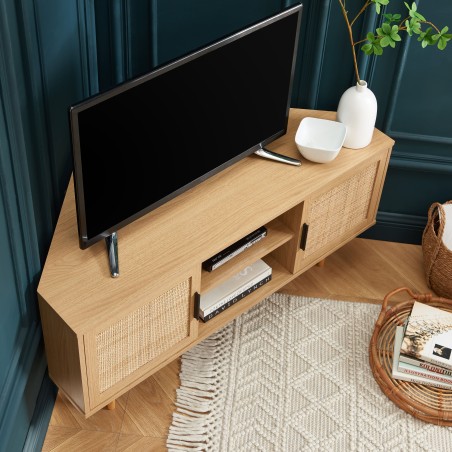AMANA oak effect and rattan cane 2-door corner TV stand