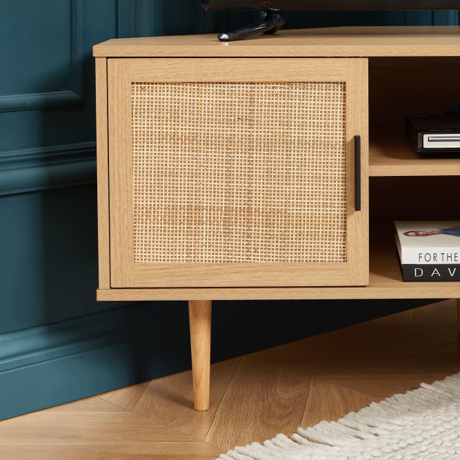 AMANA oak effect and rattan cane 2-door corner TV stand AMANA oak effect and rattan cane 2-door corner TV stand