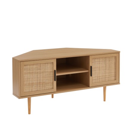 AMANA oak effect and rattan cane 2-door corner TV stand