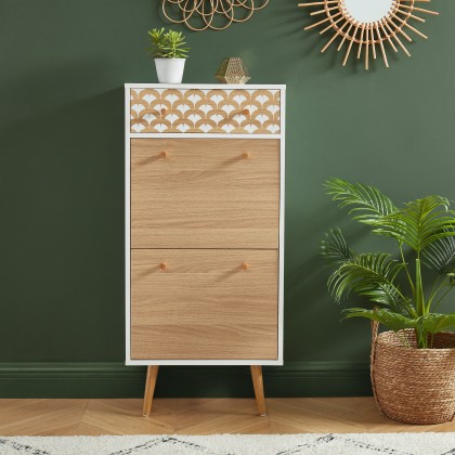 UTAH white and oak effect shoe cabinet with 2 doors and 1 drawer 2