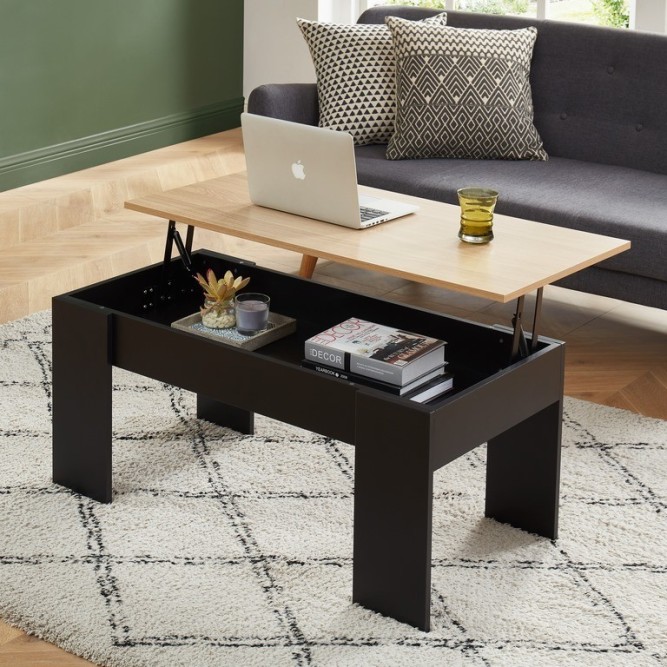 SIMON black and oak effect coffee table with lift-up top