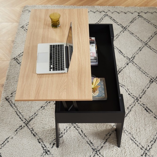 SIMON black and oak effect coffee table with lift-up top